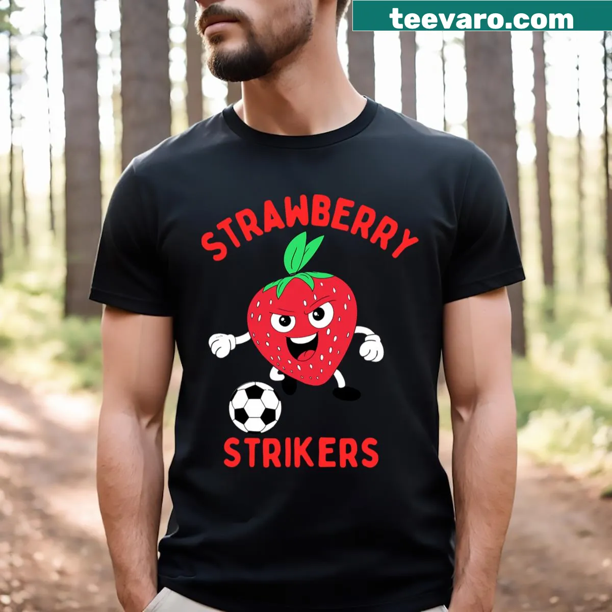 Playful strawberry mascot on a soccer-themed t-shirt — on a men's t-shirt