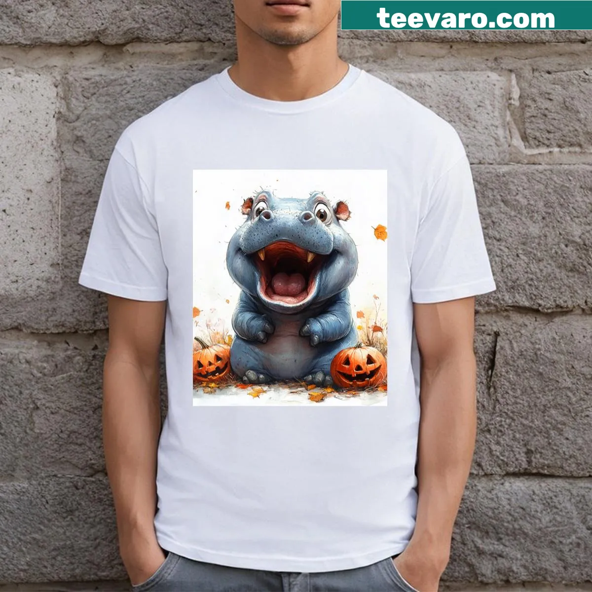 Cute cartoon design featuring Moo Deng for Halloween — on a men's t-shirt