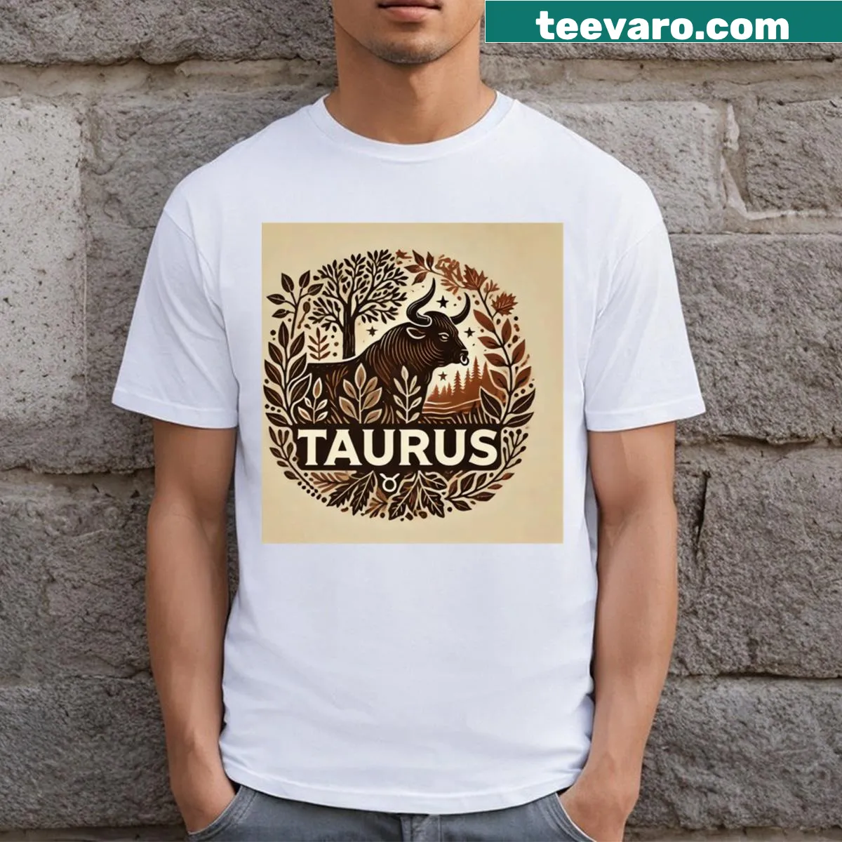 Taurus zodiac sign graphic surrounded by nature on classic t-shirt — on a men's t-shirt