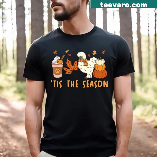 Fall-themed t-shirt for Silkie chicken moms with pumpkins and coffee