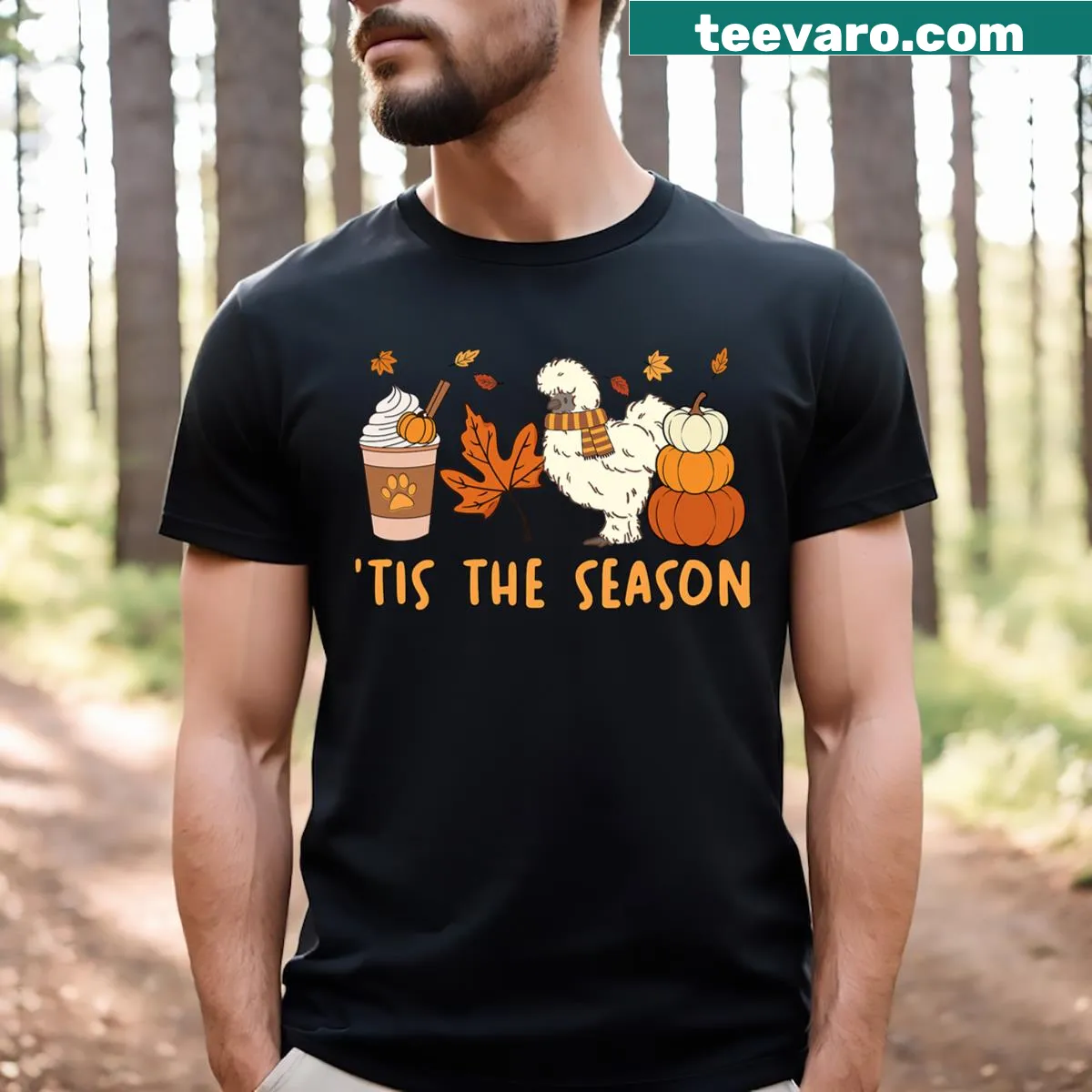 Fall-themed t-shirt for Silkie chicken moms with pumpkins and coffee — on a men's t-shirt