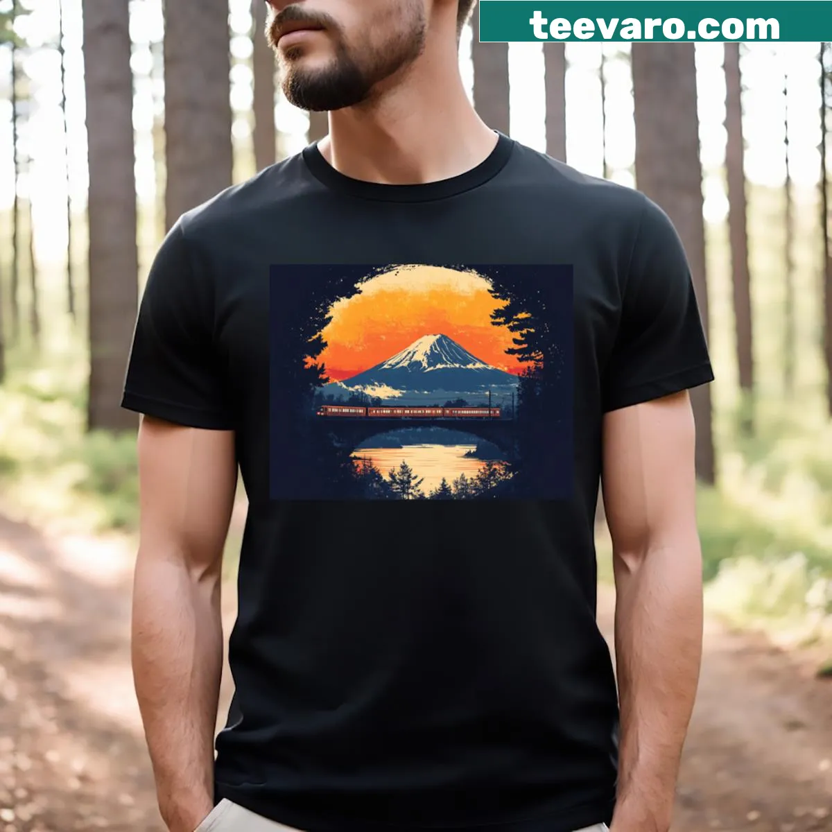 Classic T-shirt featuring a train passing Mount Fuji in a scenic design — on a men's t-shirt