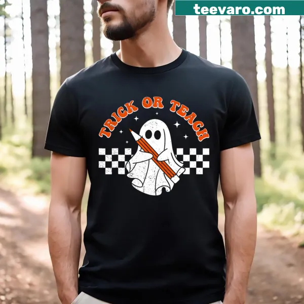 Vintage distressed T-shirt with 'Trick Or Teach' and a floral ghost design