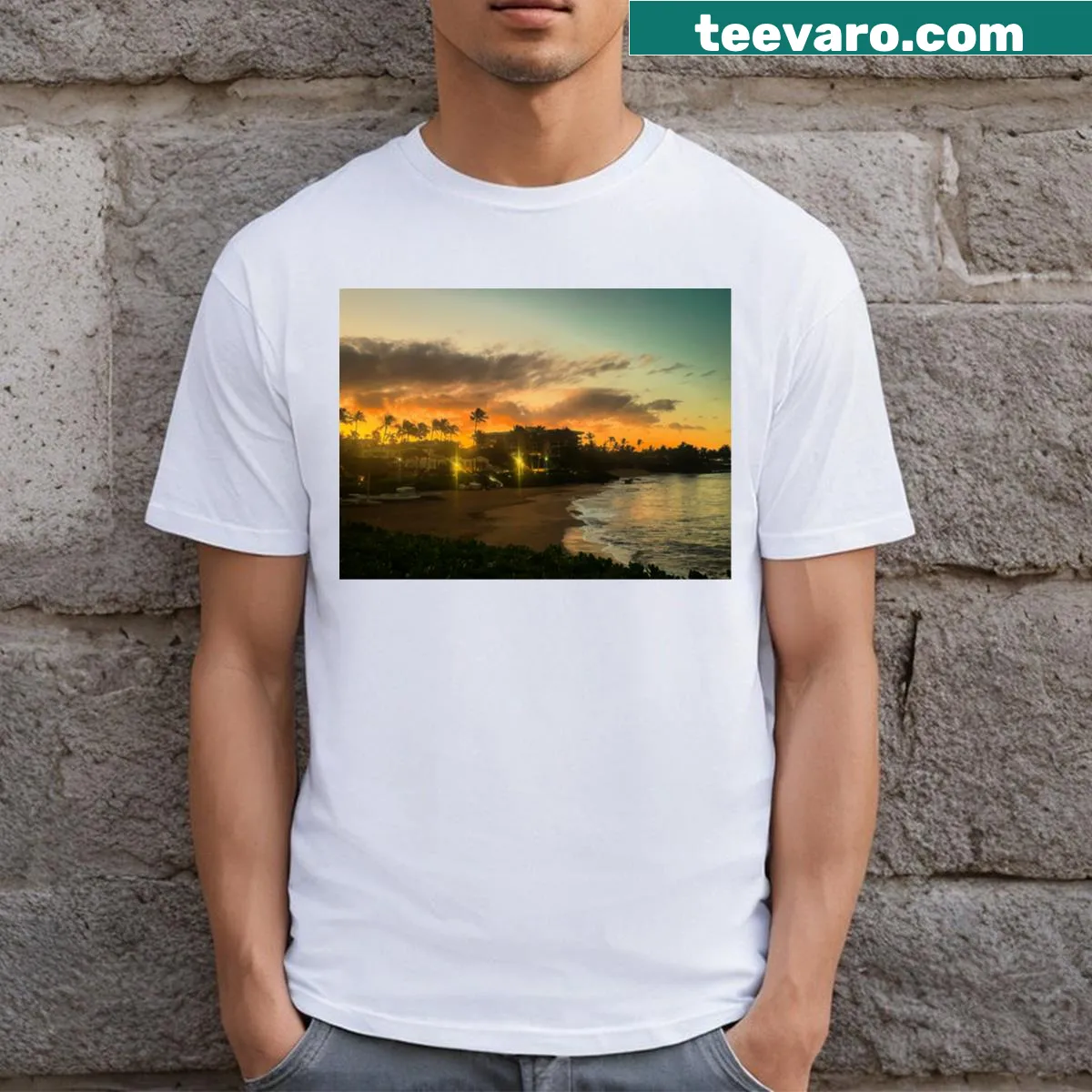 Classic T-shirt featuring a serene sunrise illustration — on a men's t-shirt