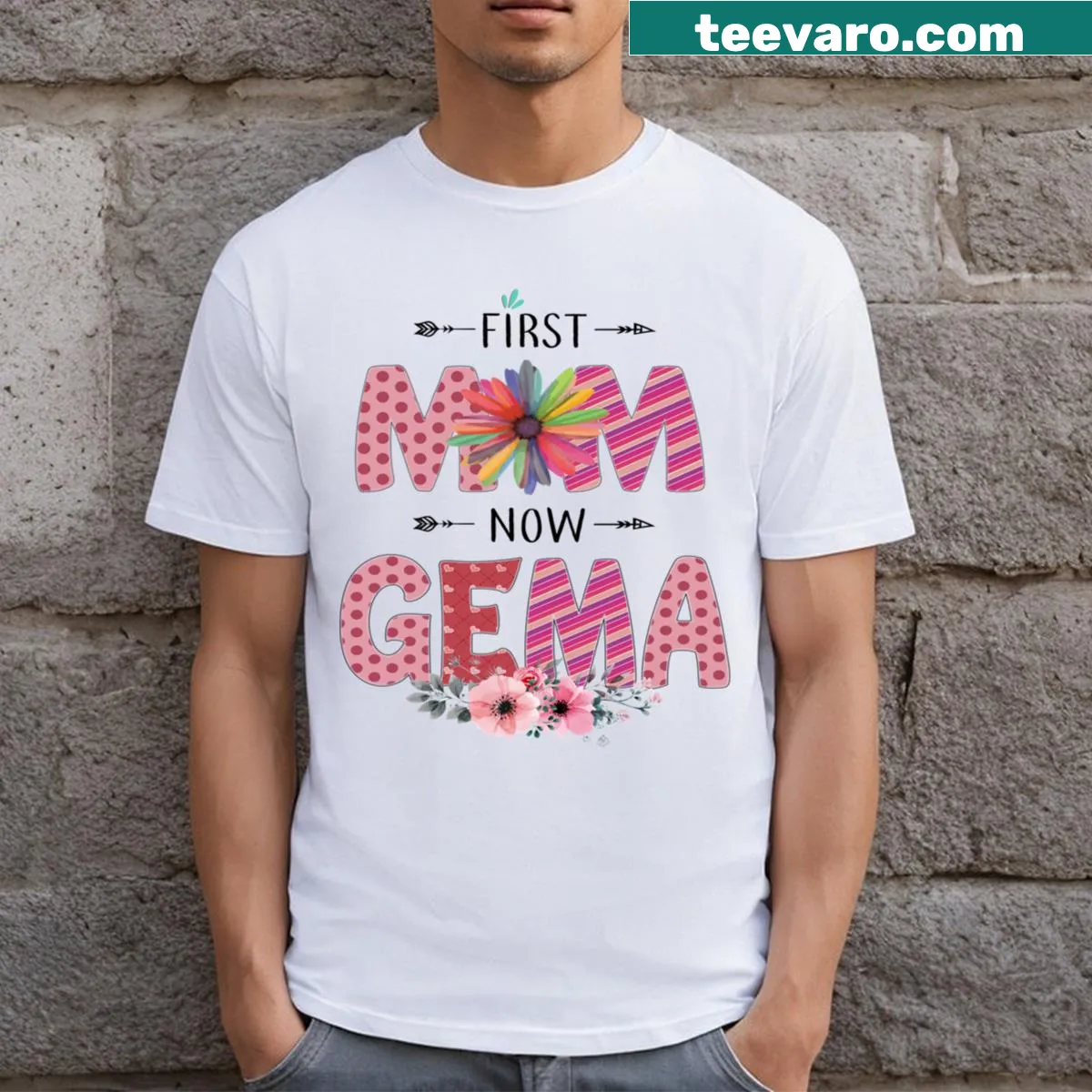 Floral graphic t-shirt celebrating mothers and grandmothers with text. — on a men's t-shirt