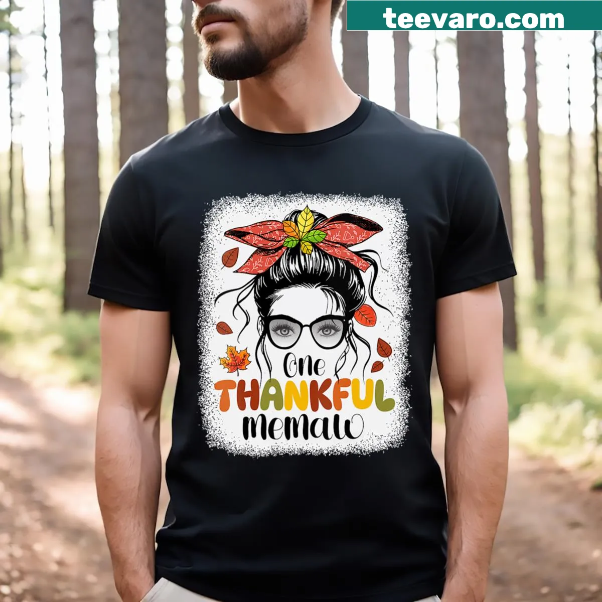V-neck T-shirt with 'One Thankful Memaw' design and autumn theme — on a men's t-shirt