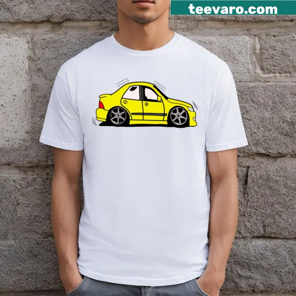Vintage Japanese classic car t-shirt featuring a yellow car illustration
