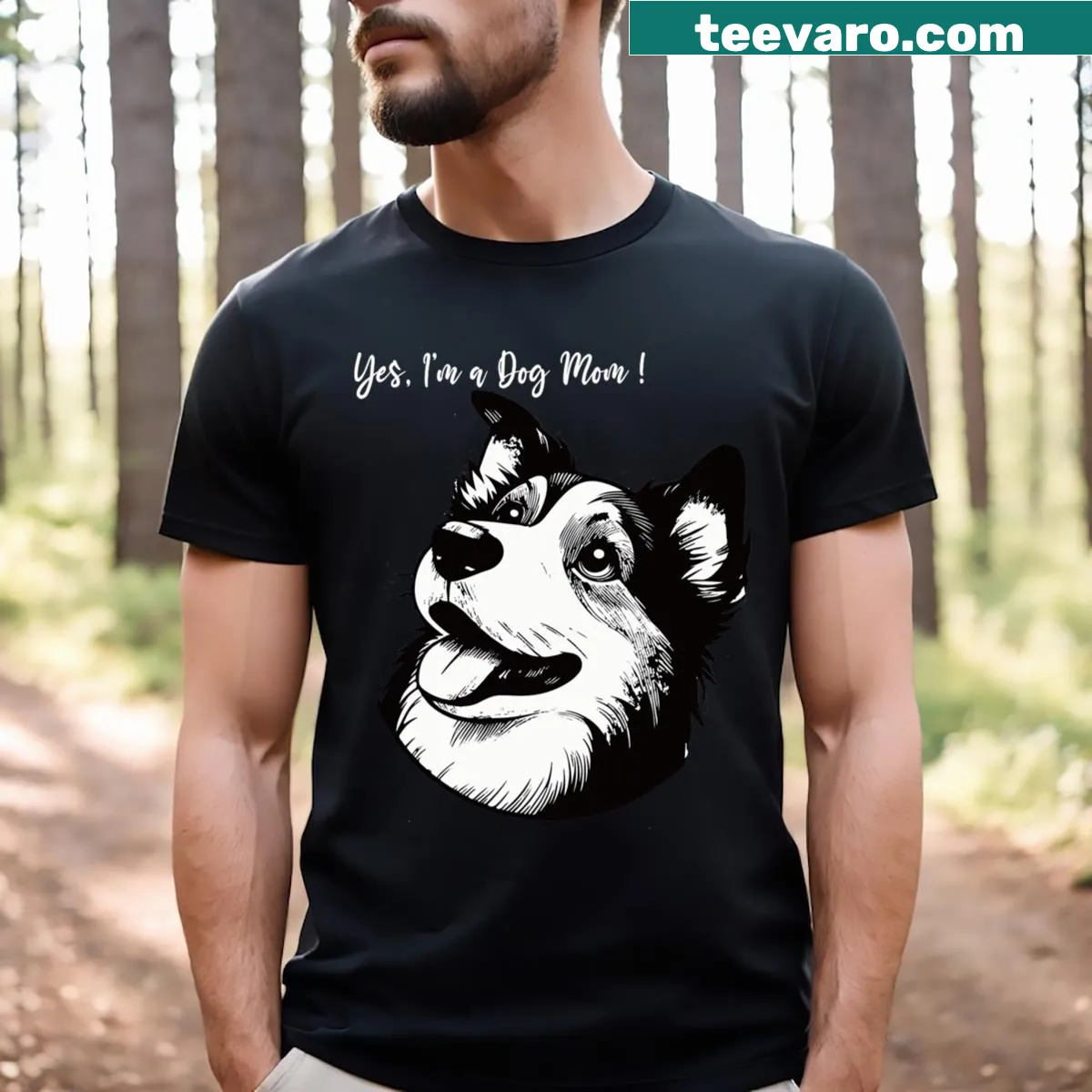 Dog Mom t-shirt with playful typography displaying love for dogs — on a men's t-shirt