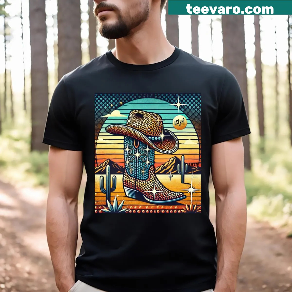 1975 pop culture themed typography t-shirt — on a men's t-shirt