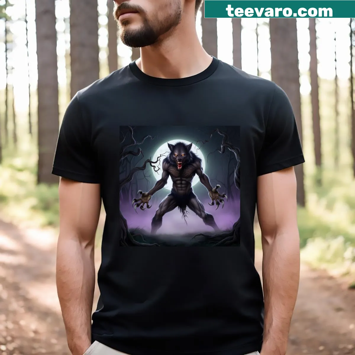 Werewolf graphic in a misty forest with a full moon — on a men's t-shirt