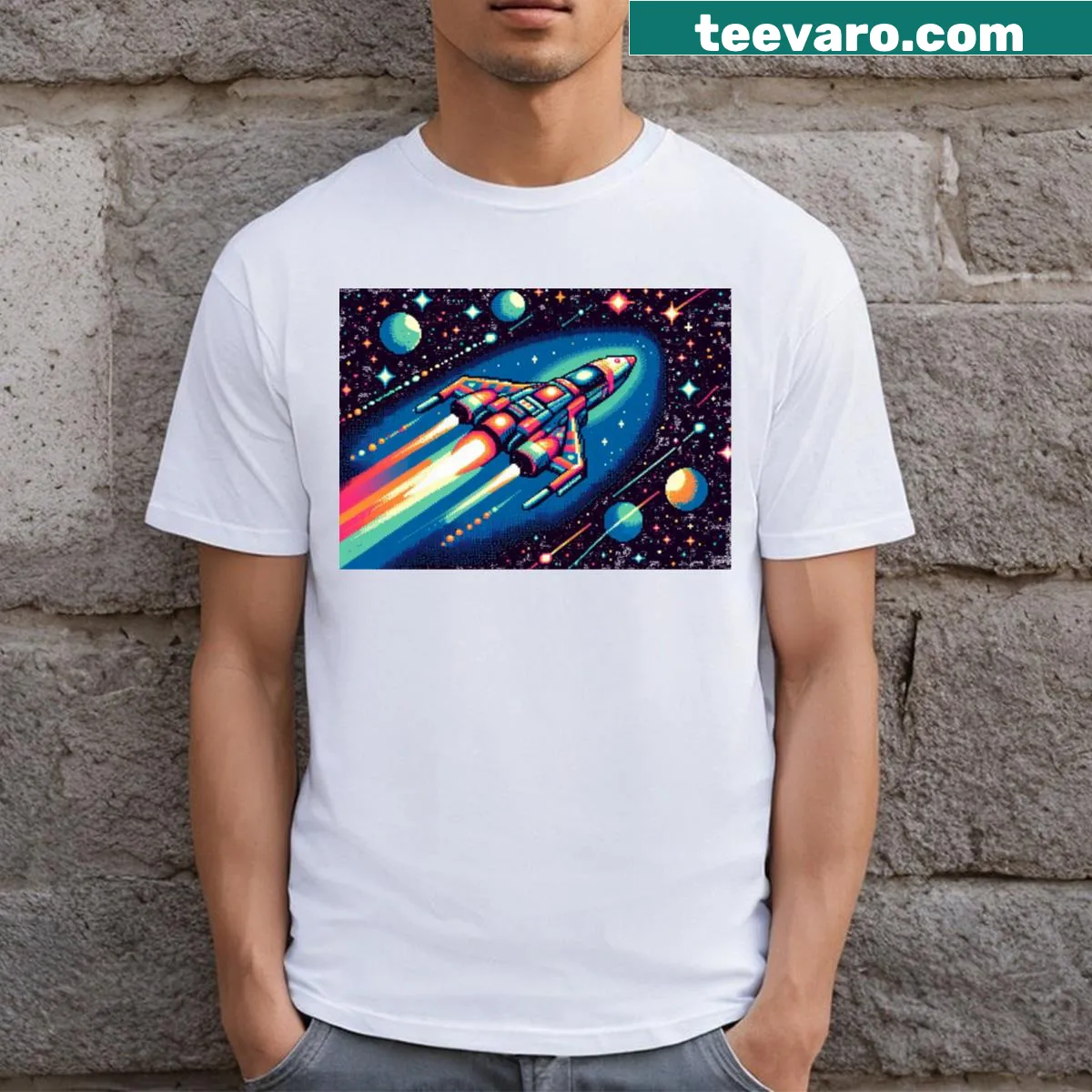 Illustration of a spaceship on a mission in space on T-shirt — on a men's t-shirt