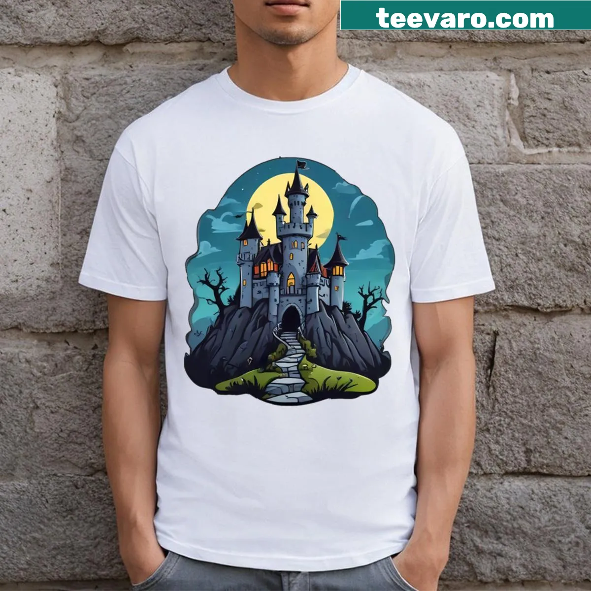 Spooky castle illustrated on a rock on T-shirt — on a men's t-shirt