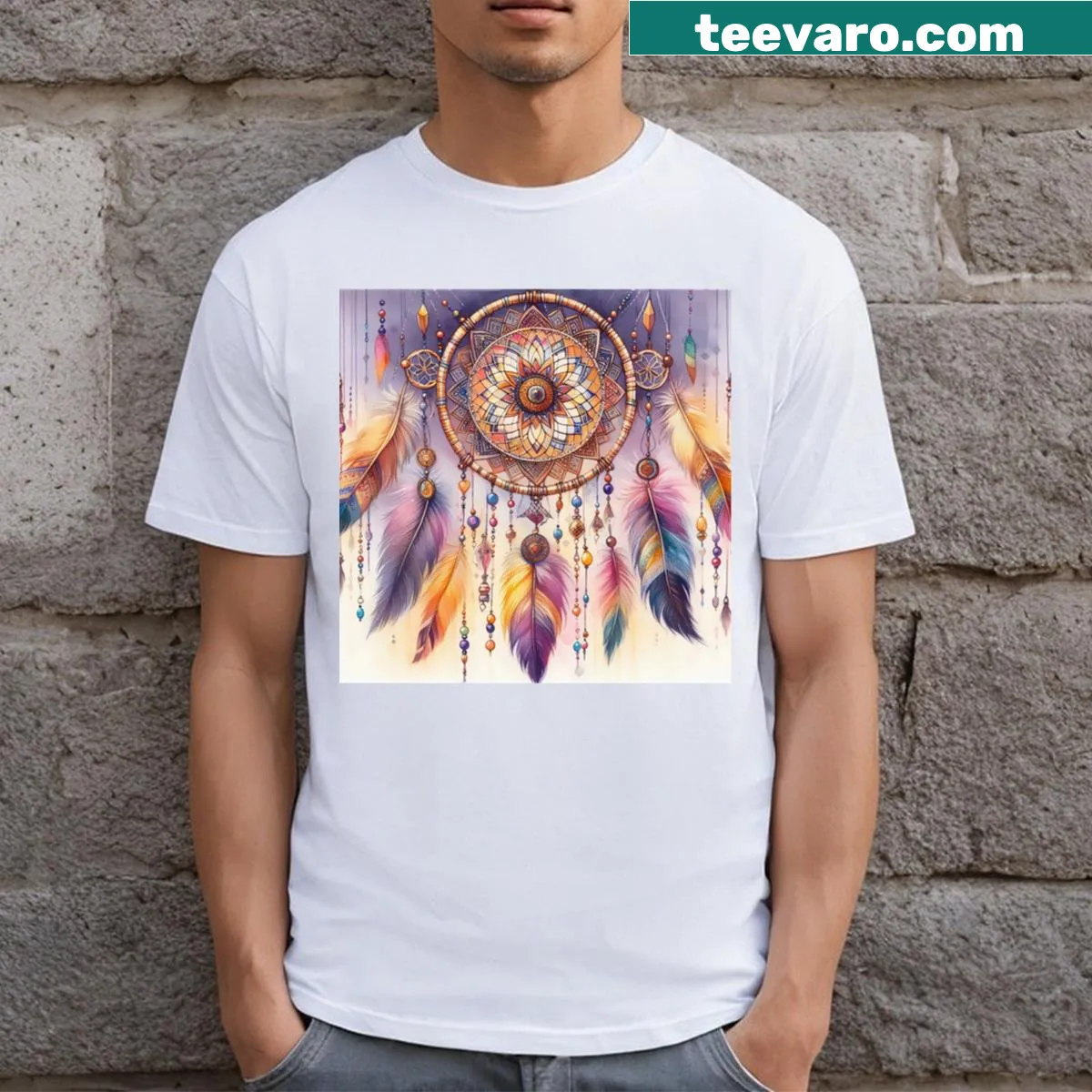 Intricate dreamcatcher with geometric patterns — on a men's t-shirt