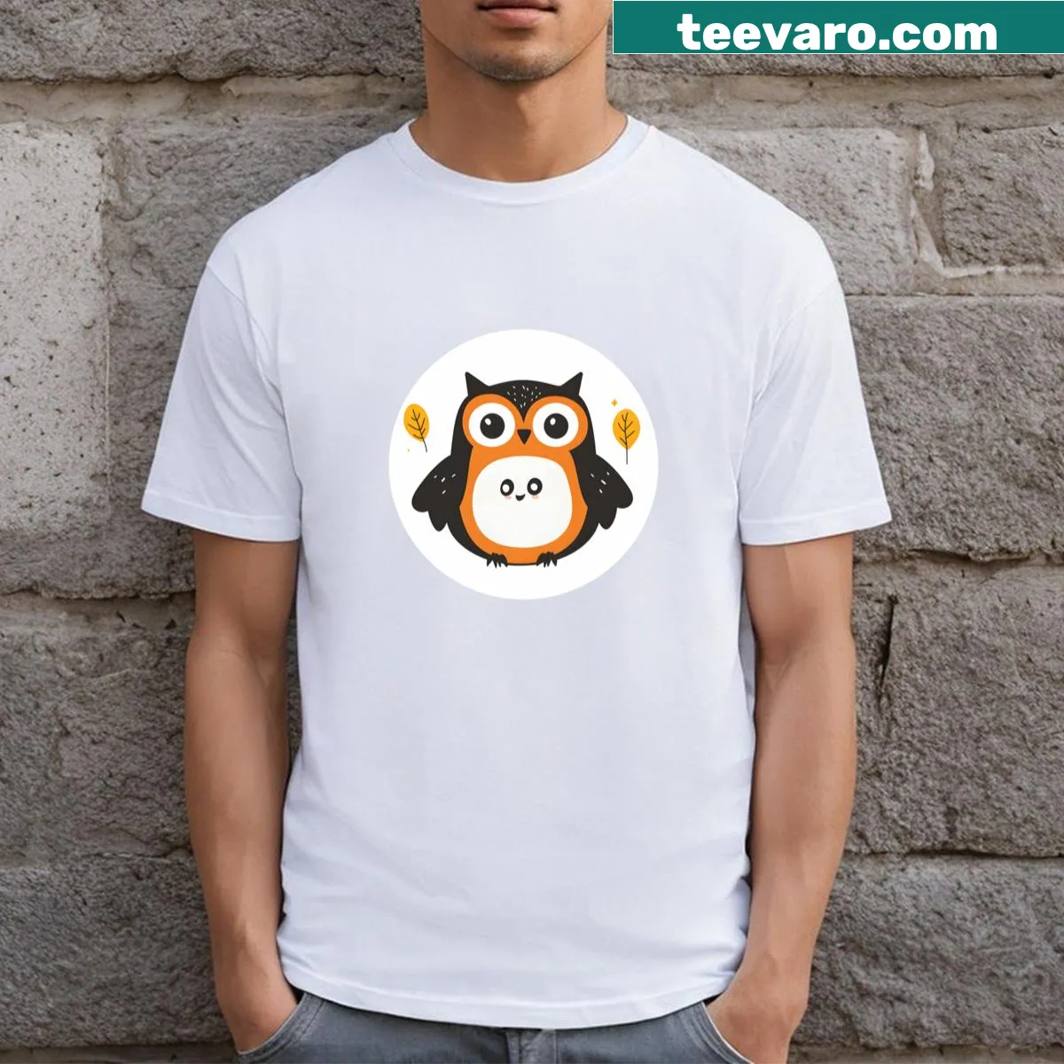 Cute owl family graphic with autumn leaves T-shirt — on a men's t-shirt