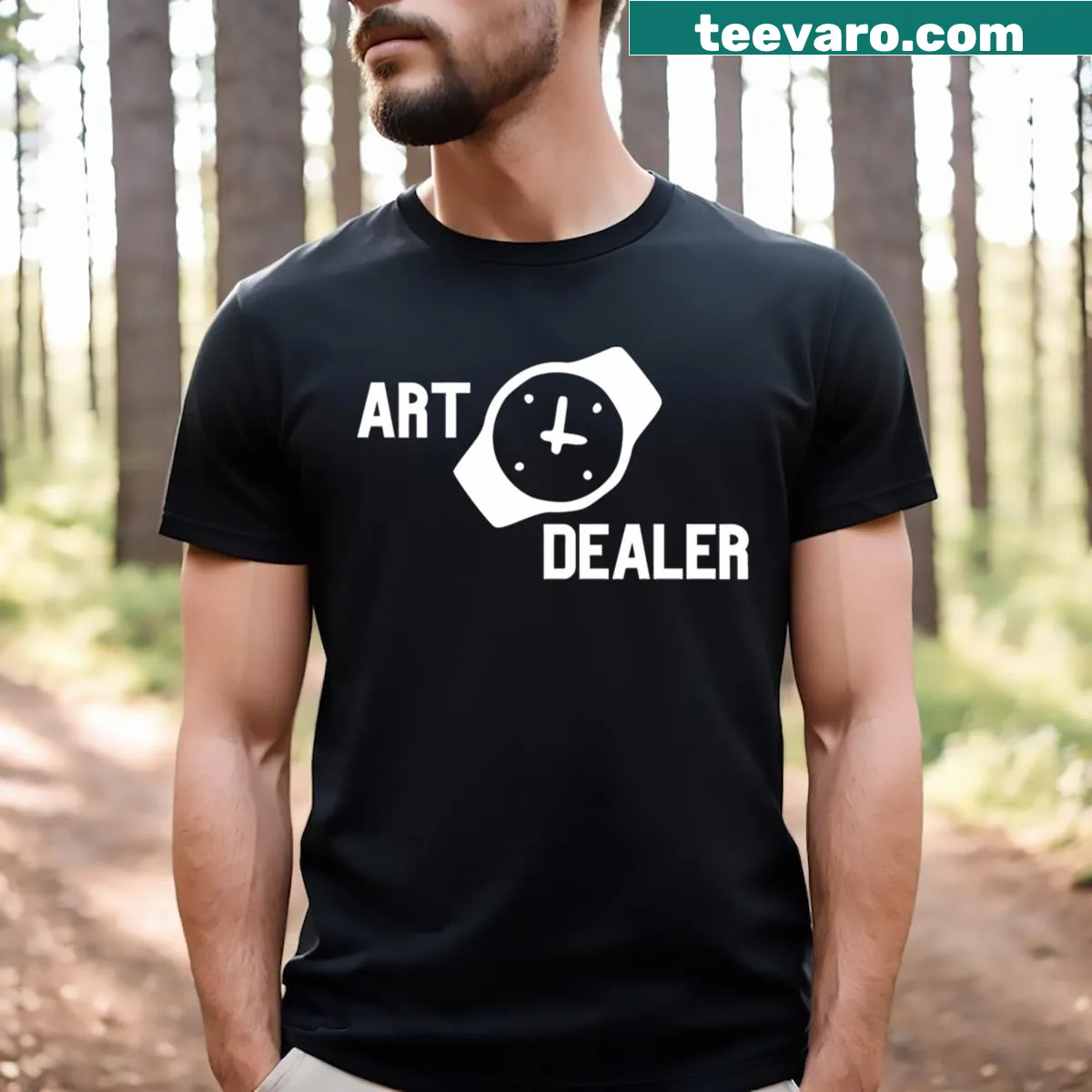 Minimalist typography design saying 'Art Dealer Essential 3' on a T-shirt — on a men's t-shirt