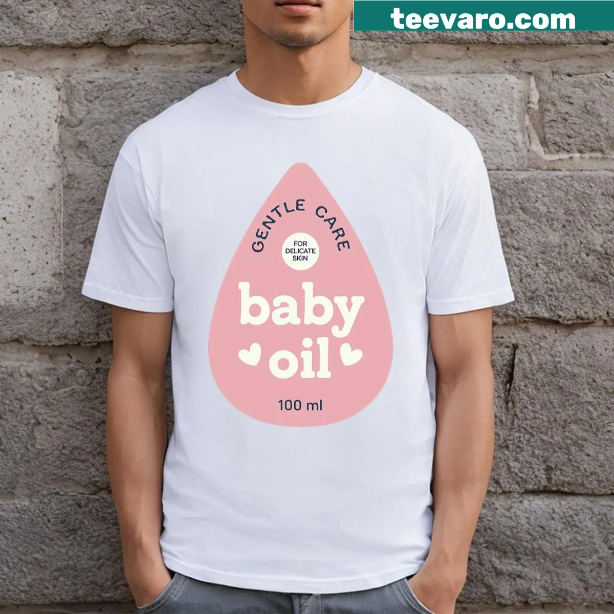 Funny Baby Oil Bottle Halloween costume T-shirt — on a men's t-shirt