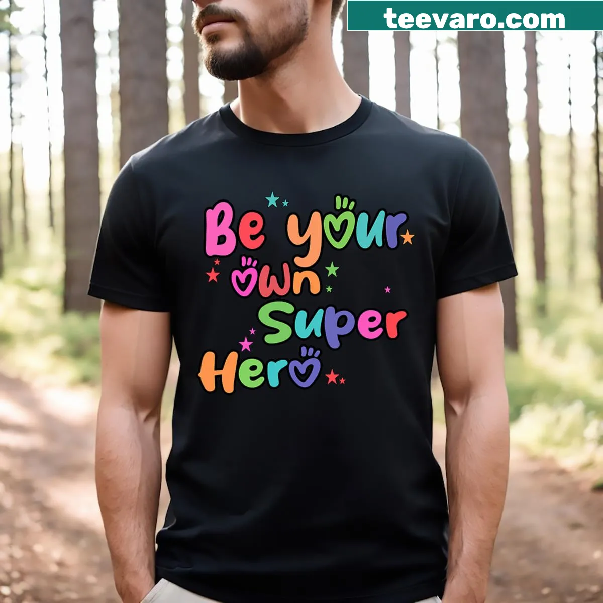 Empowering T-shirt with the phrase 'Be Your Own Superhero' — on a men's t-shirt