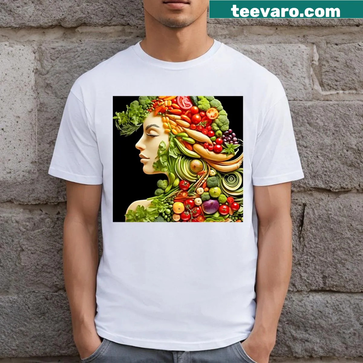 Illustration of assorted vegetables and fruits on a long t-shirt — on a men's t-shirt