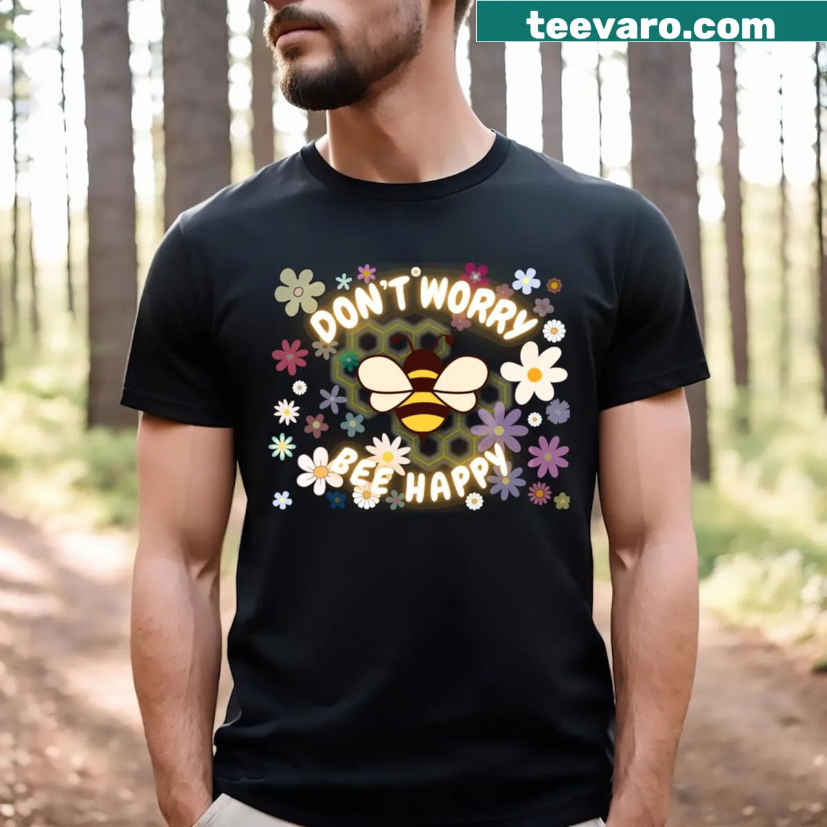 Typography T-shirt with a positive message 'Bee Happy' — on a men's t-shirt