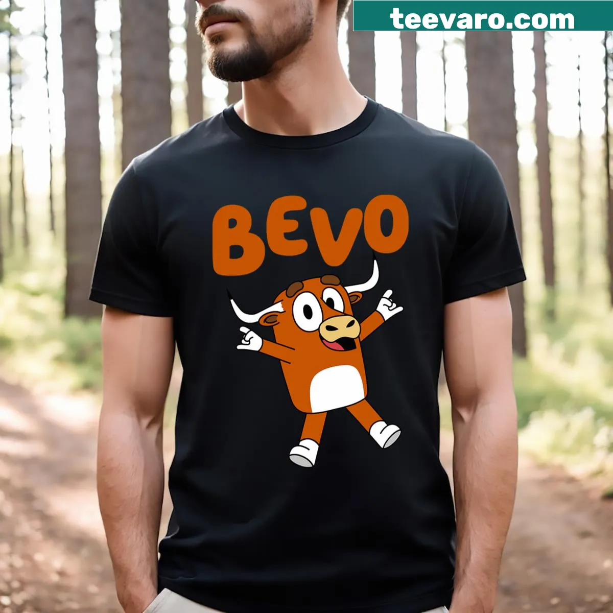 Cartoon Bevo longhorn bull graphic for kids — on a men's t-shirt