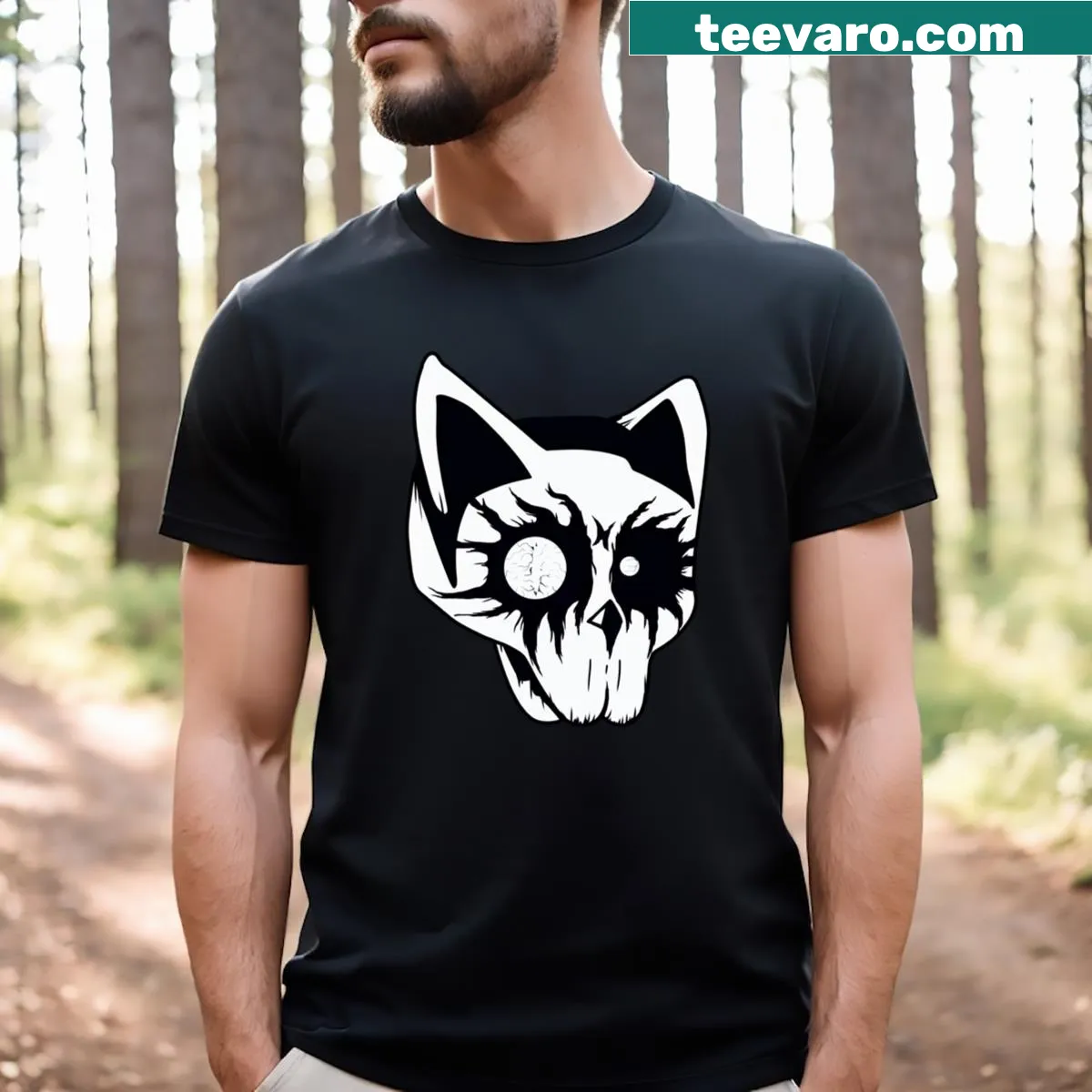 Edgy typography design combining black metal and cat themes — on a men's t-shirt
