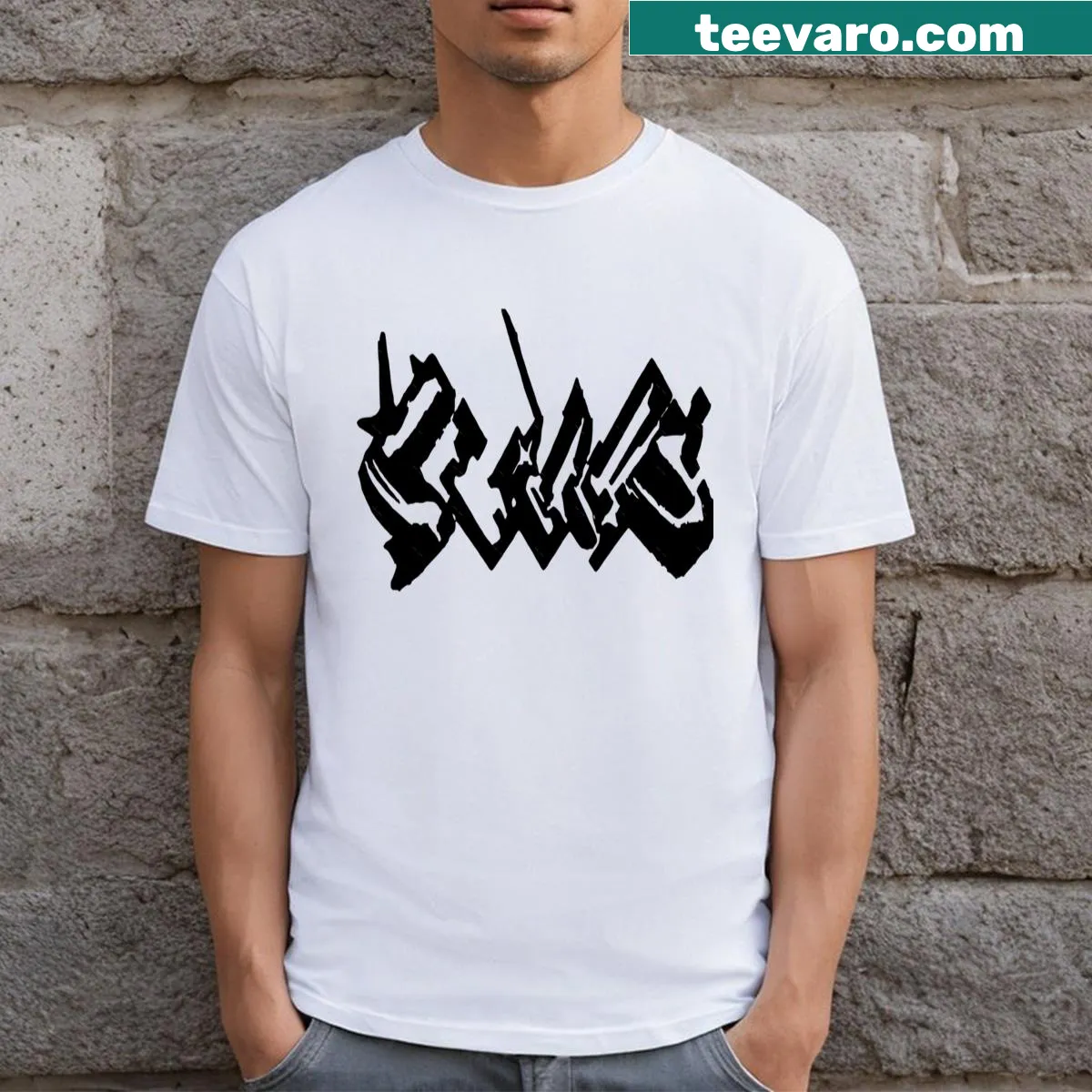 Minimalist Bladee logo t-shirt with centered text design — on a men's t-shirt