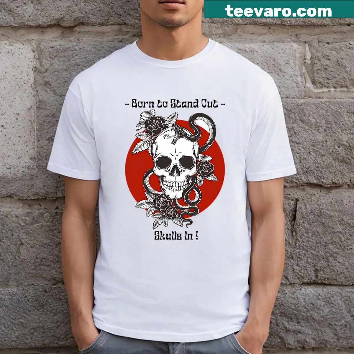 Gothic-style t-shirt featuring detailed skull illustrations — on a men's t-shirt