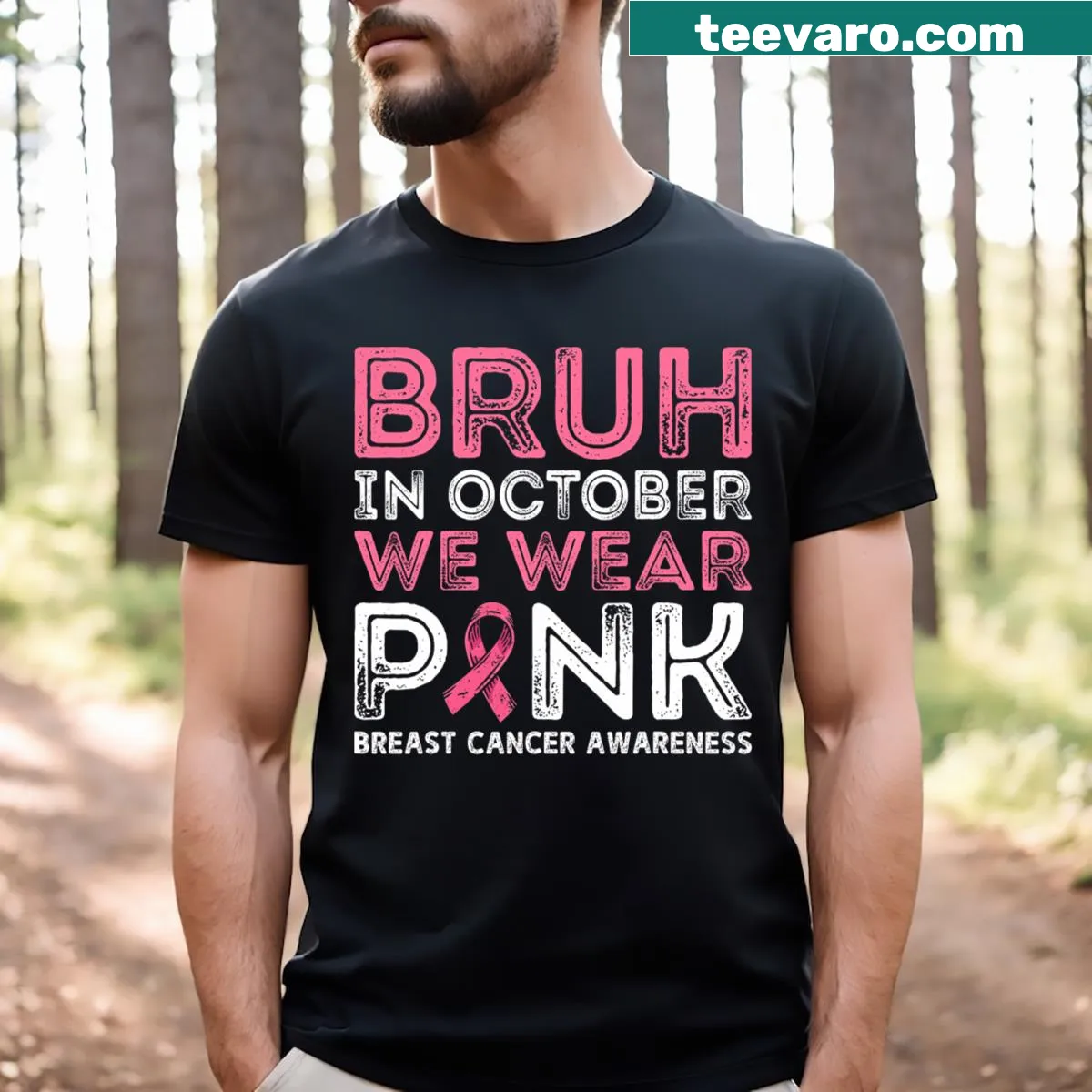 T-shirt for boys featuring text promoting Breast Cancer Awareness in October. — on a men's t-shirt