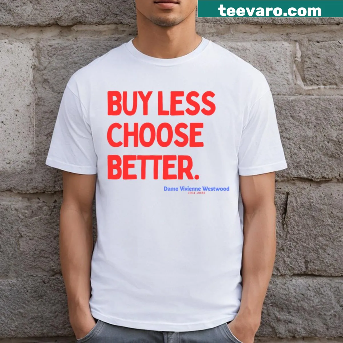 Minimalist typography t-shirt promoting conscious consumerism. — on a men's t-shirt