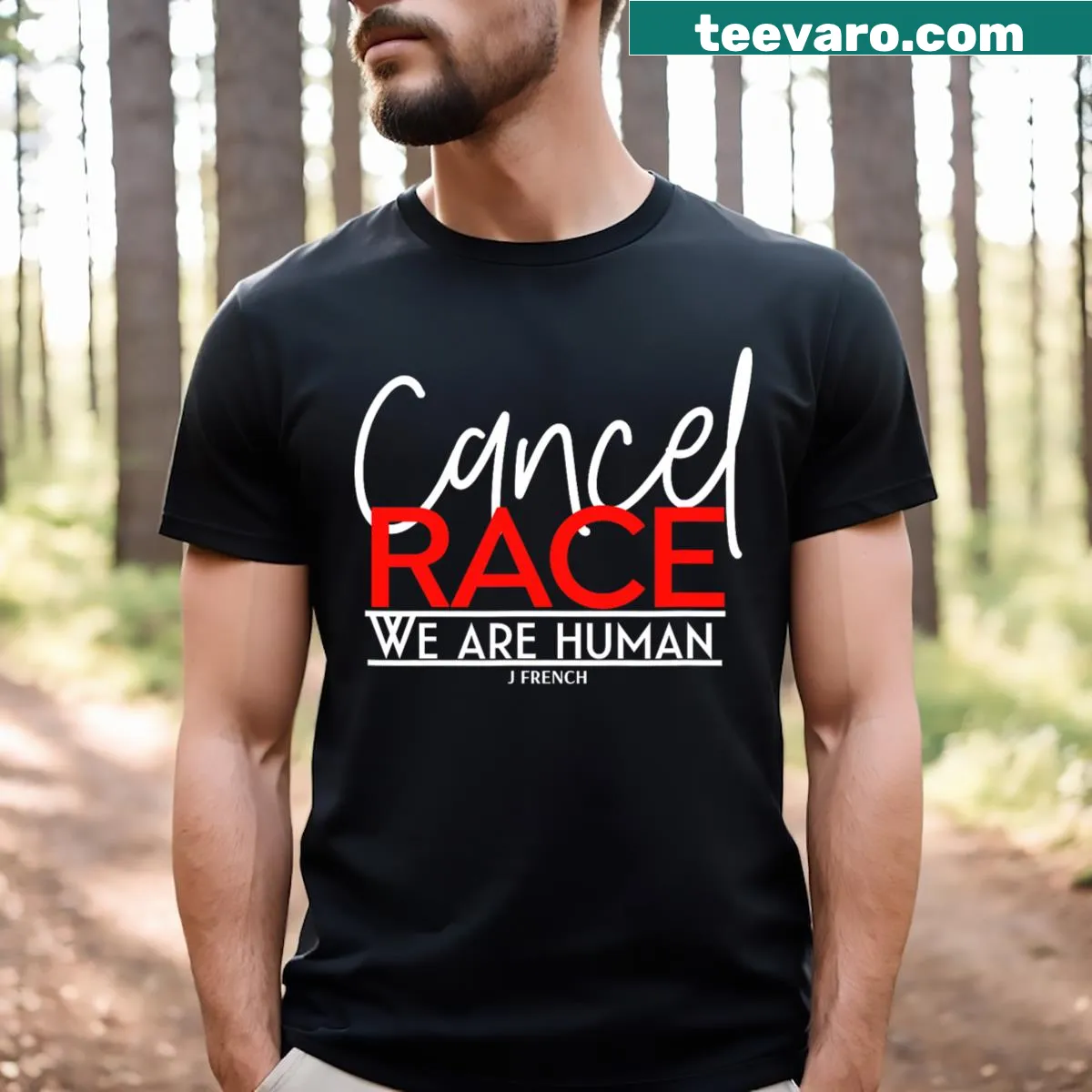 T-shirt with bold text 'Cancel Race' for social awareness — on a men's t-shirt