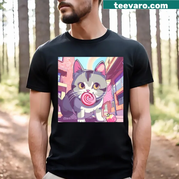 T-shirt featuring a cute cat enjoying candy illustration