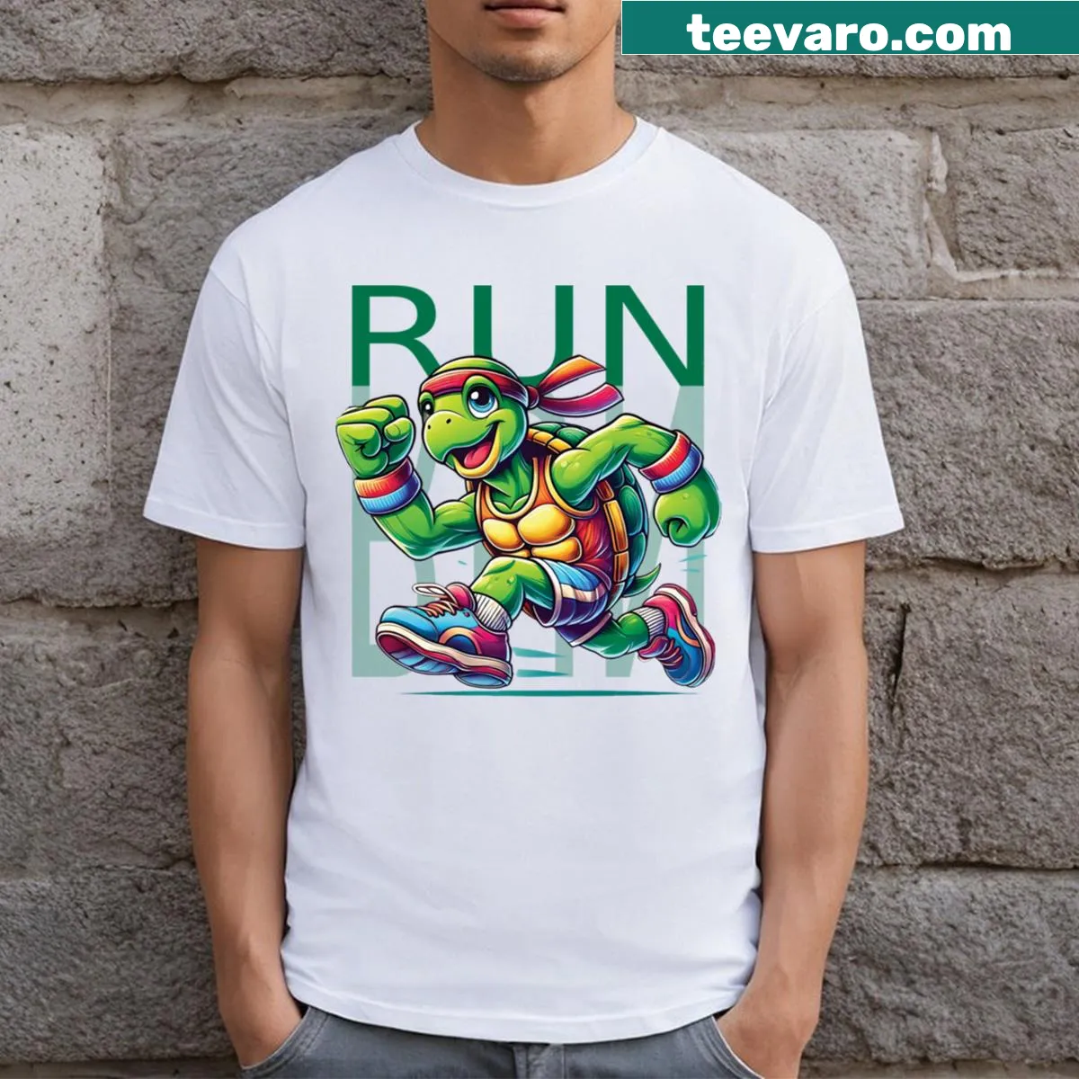 Cheerful Athletic Turtle T-shirt with animated turtle graphic — on a men's t-shirt