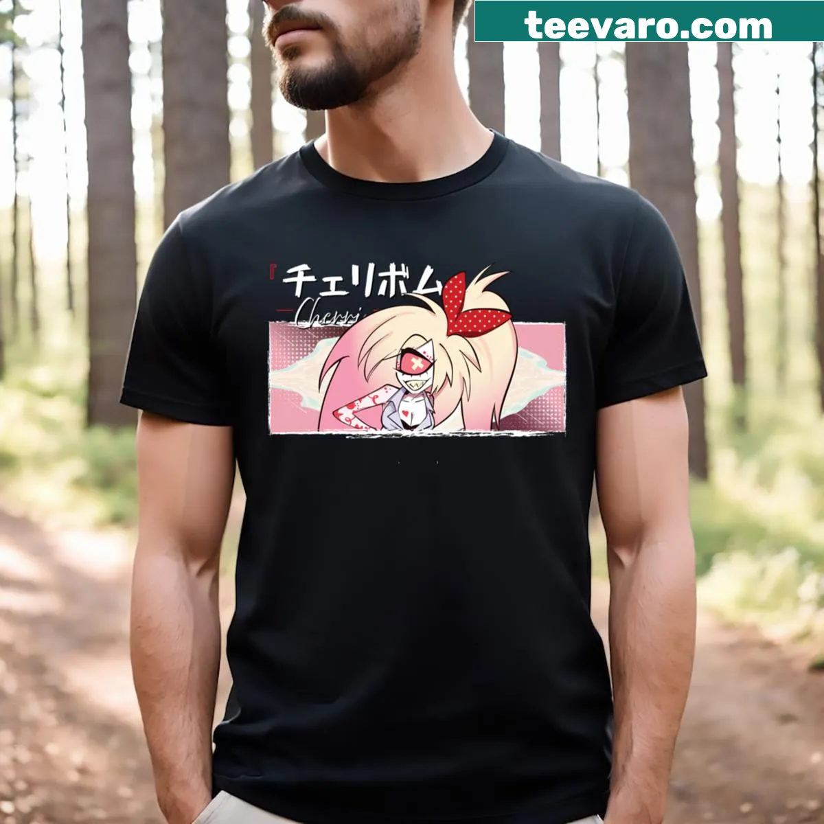 Hazbin Hotel themed t-shirt featuring Cherri Bomb smiling — on a men's t-shirt