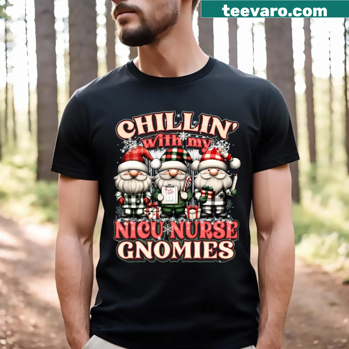 Funny T-shirt for neonatal nurses with gnomes — on a men's t-shirt