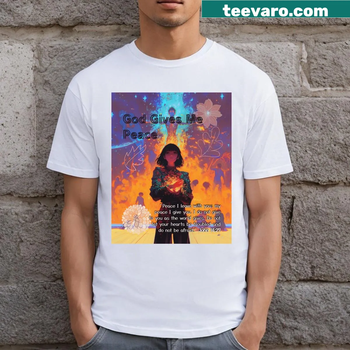 Vintage anime art t-shirt featuring the phrase 'God Gives Me Peace' — on a men's t-shirt