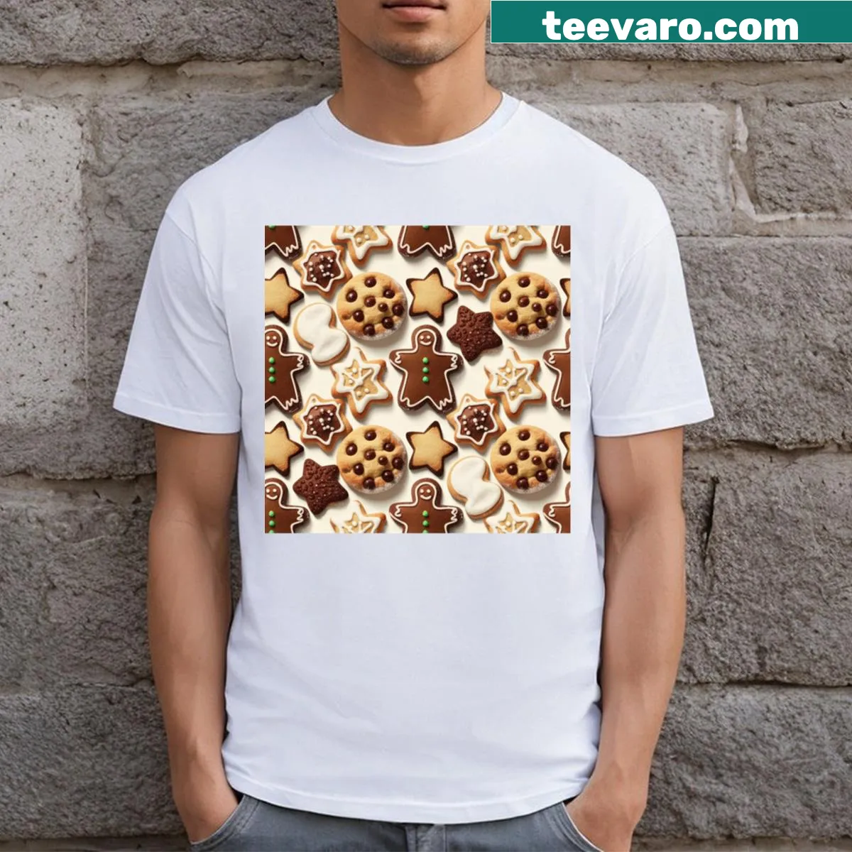 T-shirt featuring an illustration of Christmas chocolate cookies — on a men's t-shirt