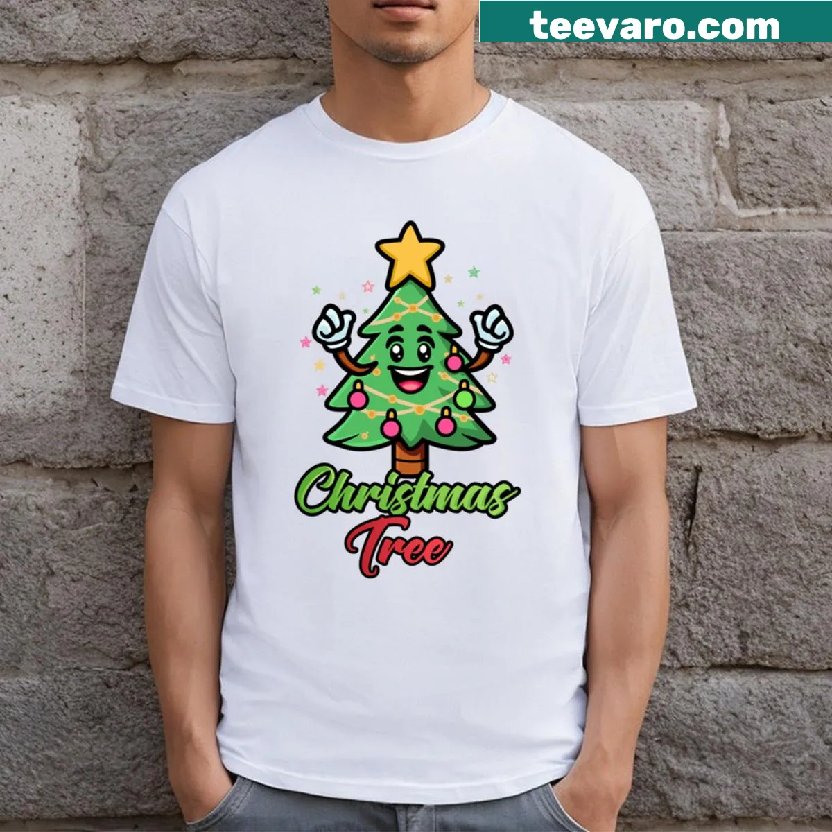 Adorable Christmas tree sticker design on a festive T-shirt for kids. — on a men's t-shirt