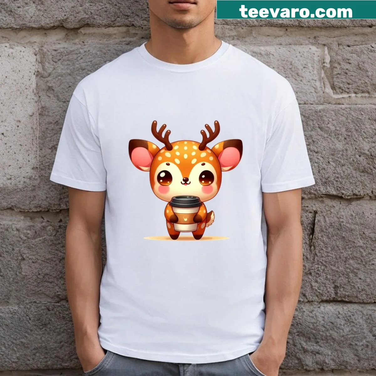Cute T-shirt with a deer drinking hot coffee — on a men's t-shirt