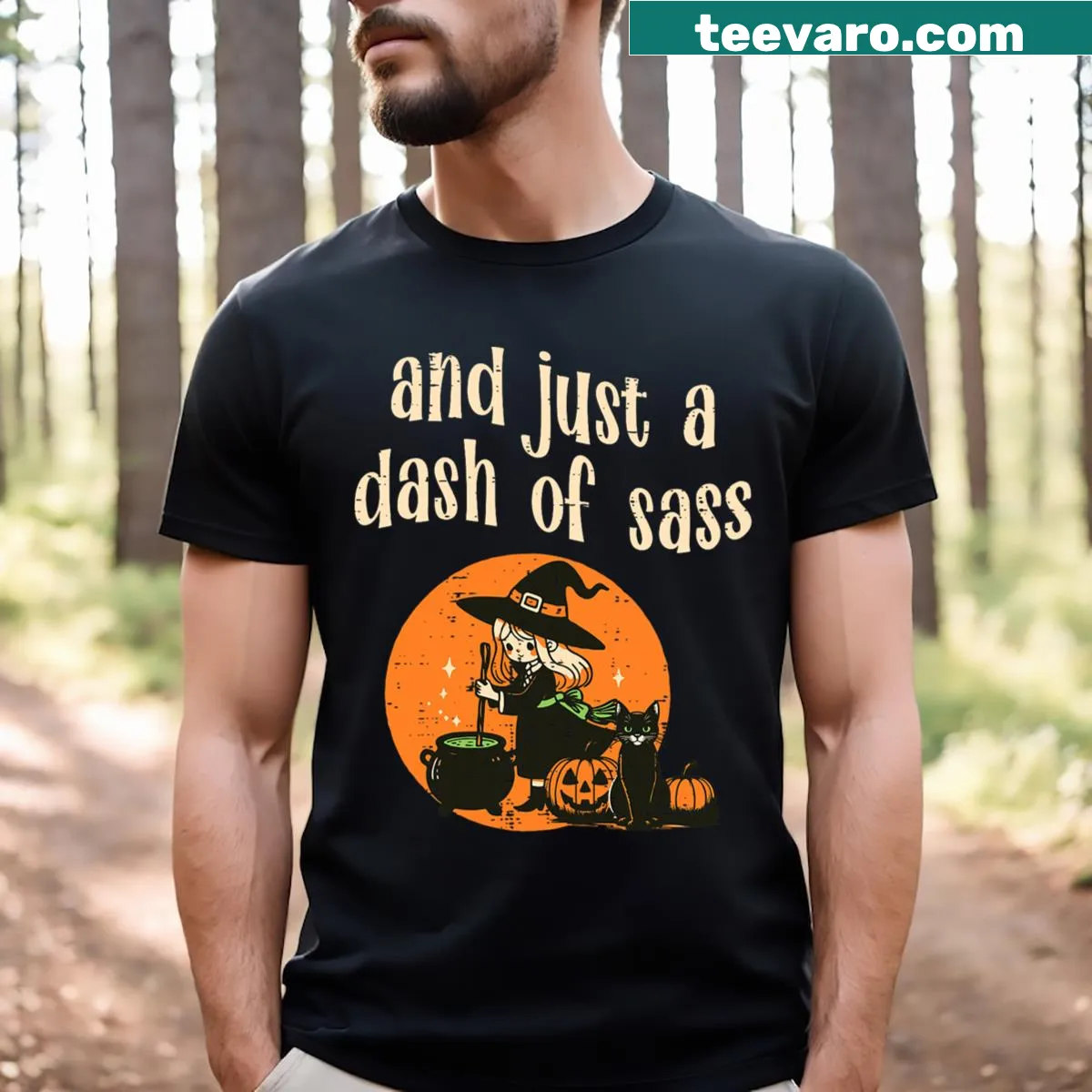 Cartoon witch graphic design on a funny Halloween T-shirt for girls and teens. — on a men's t-shirt