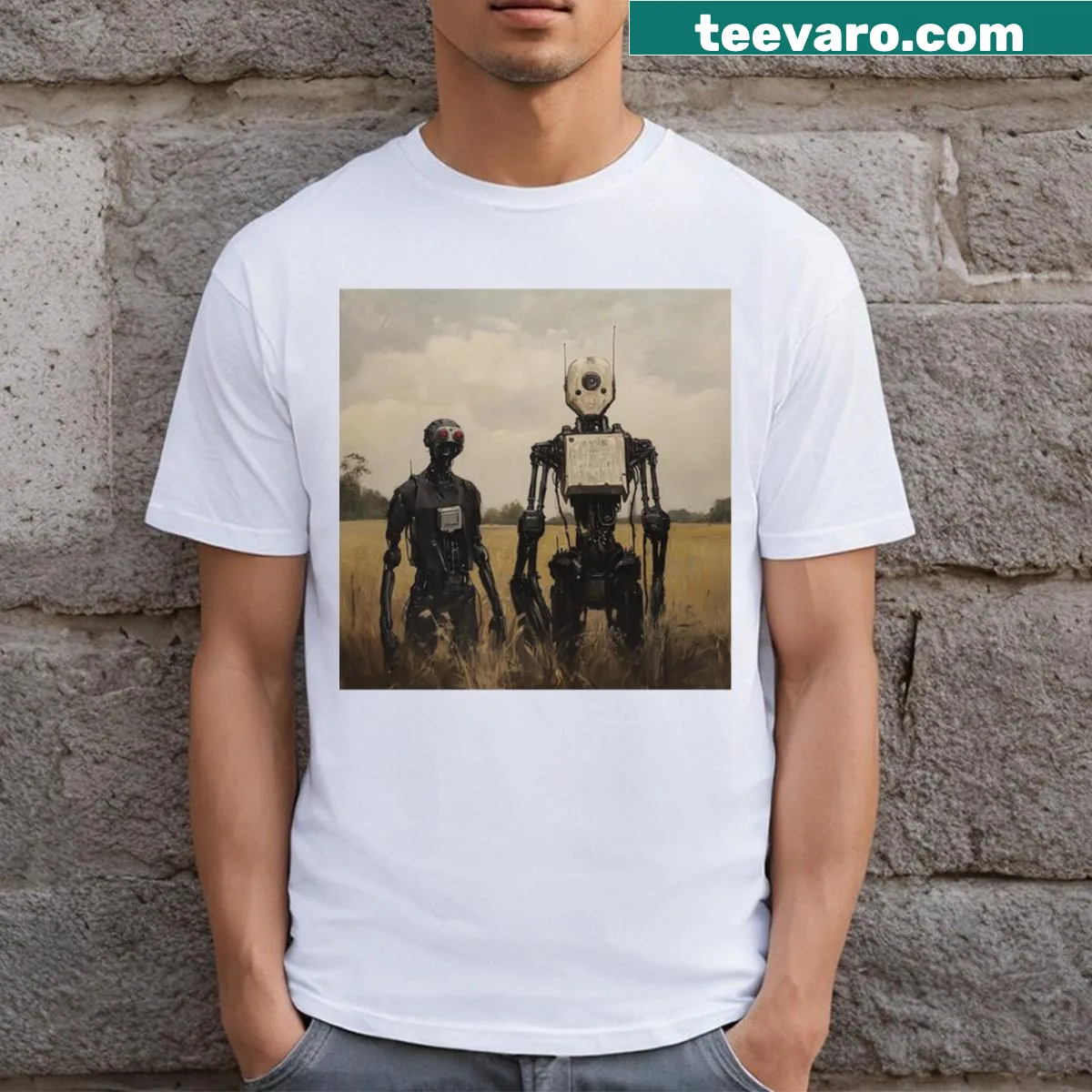 Gothic robots in a field, blending fantasy and futuristic elements — on a men's t-shirt