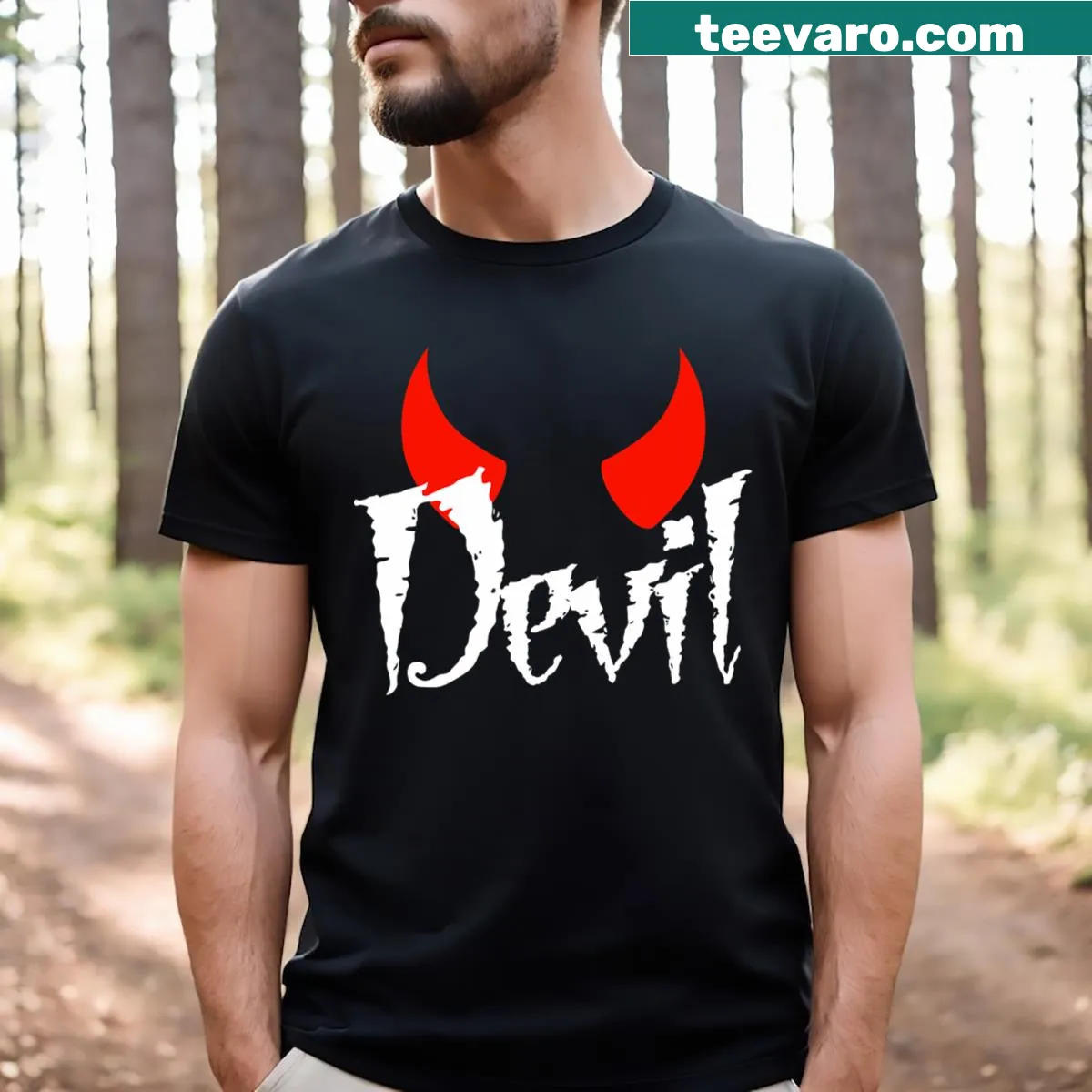 Playful devil-themed design for a couple's Halloween T-shirt. — on a men's t-shirt