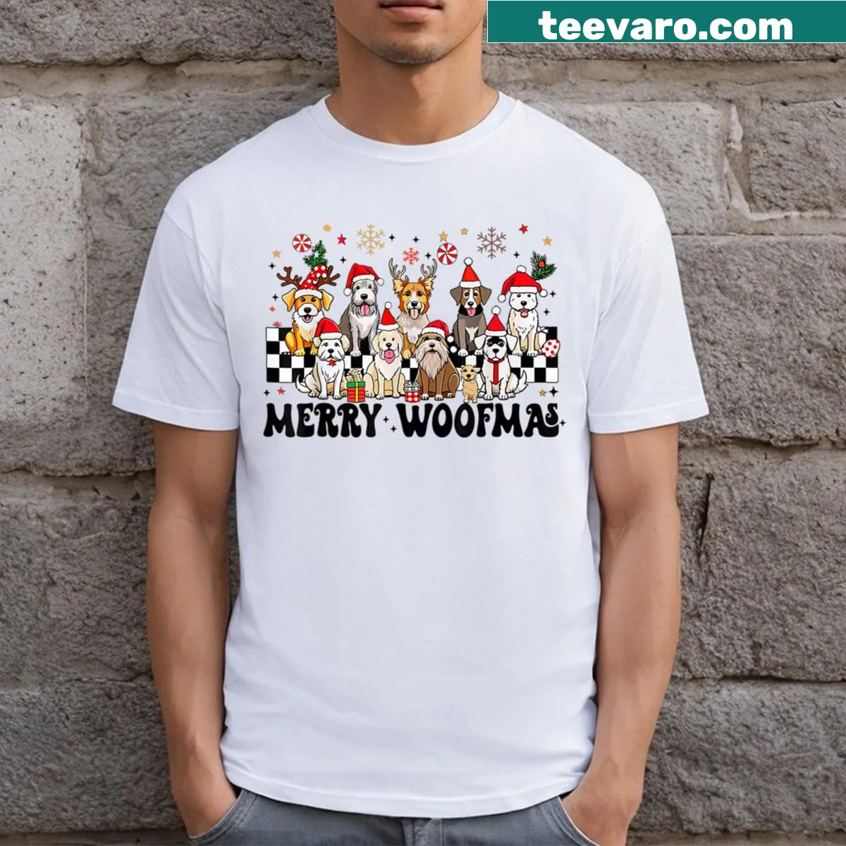 Cute Woofmas design on a festive T-shirt for dog lovers. — on a men's t-shirt
