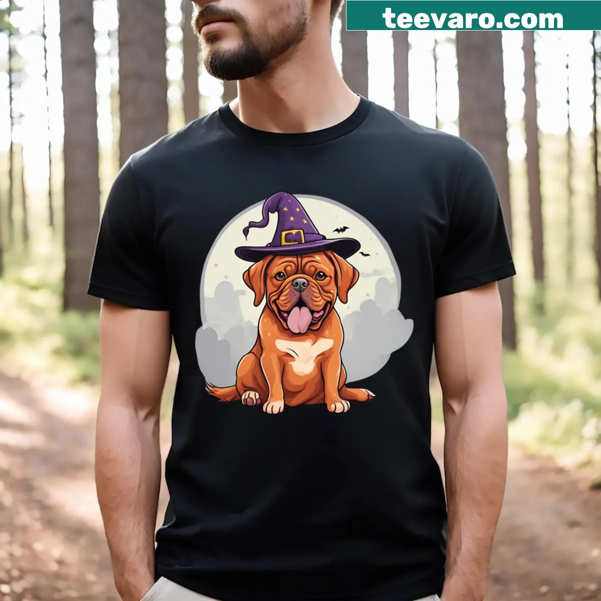 Dogue De Bordeaux in wizard costume for Halloween t-shirt — on a men's t-shirt