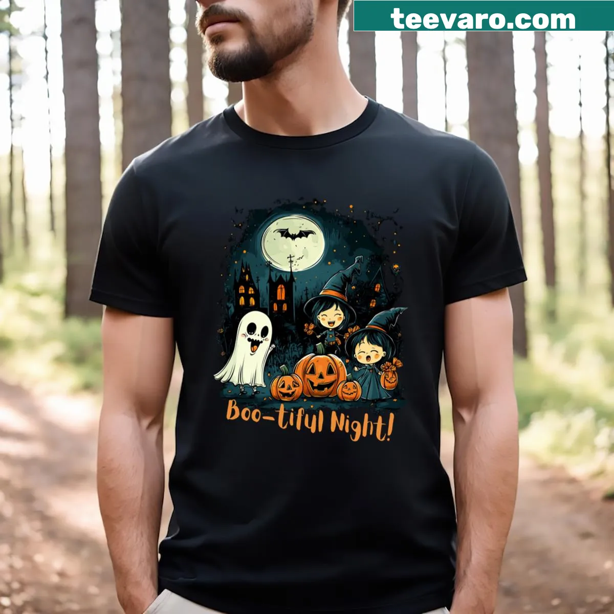 Whimsical Halloween T-shirt featuring children in playful costumes — on a men's t-shirt