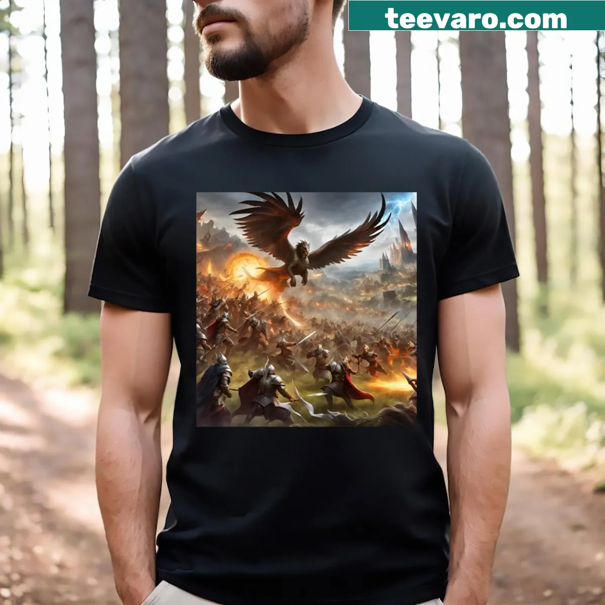 Dynamic Fantasy Battle t-shirt with knights and dragons in an epic scene — on a men's t-shirt