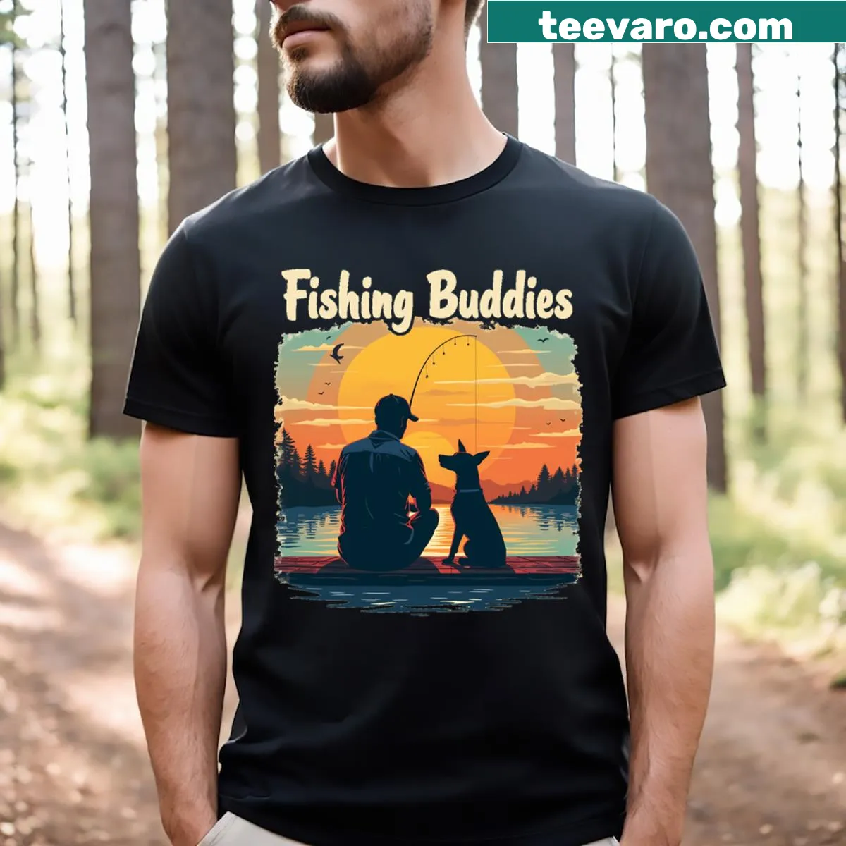 Illustrative T-shirt showing a dog and owner fishing together — on a men's t-shirt