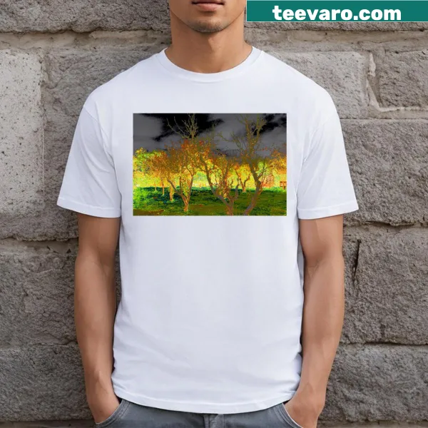 Nature-inspired Flaming Orchard t-shirt with fruit trees and bright scenery