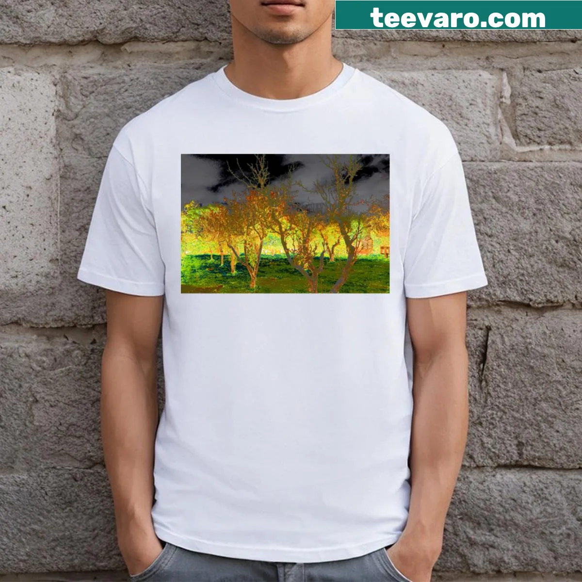 Nature-inspired Flaming Orchard t-shirt with fruit trees and bright scenery — on a men's t-shirt
