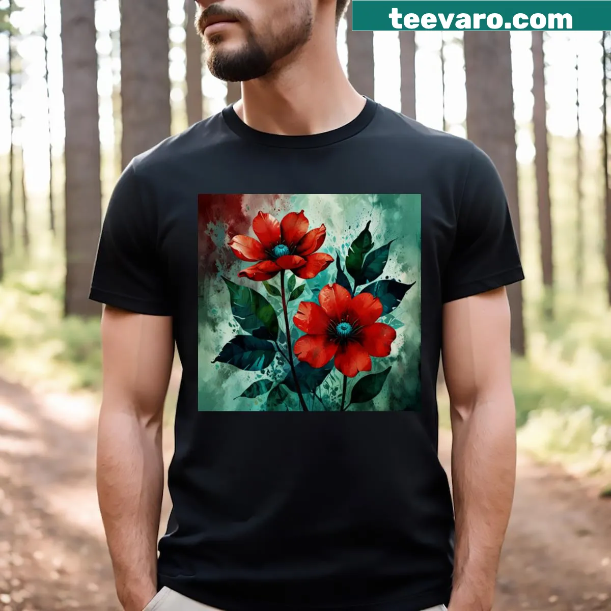 Minimalist silhouette T-shirt featuring blooming flowers — on a men's t-shirt