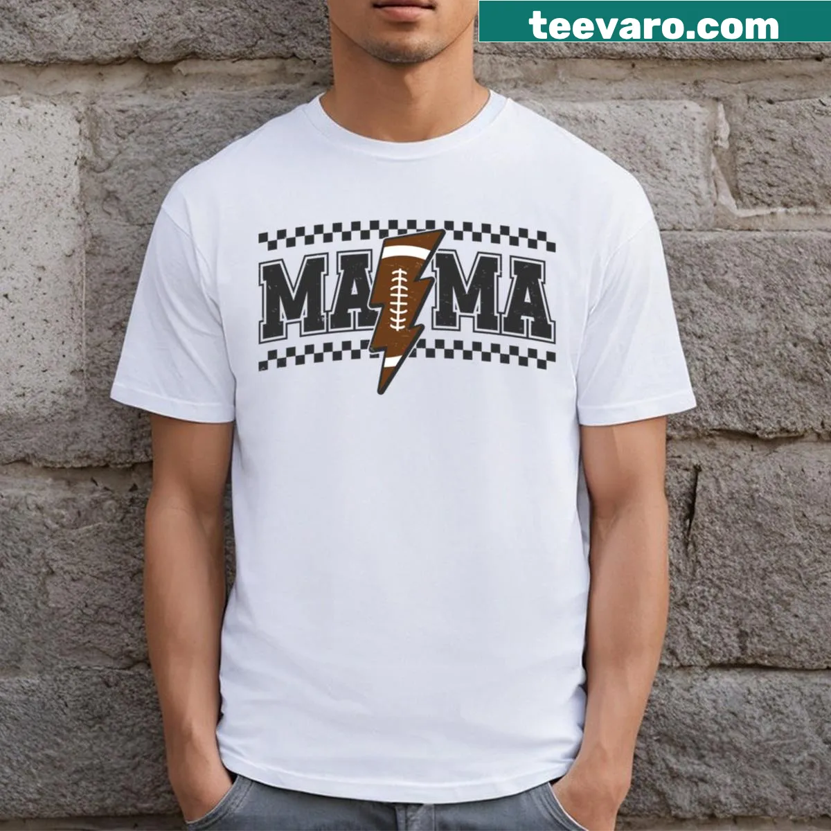 T-shirt for football moms featuring a lightning bolt and 'Mama' text — on a men's t-shirt